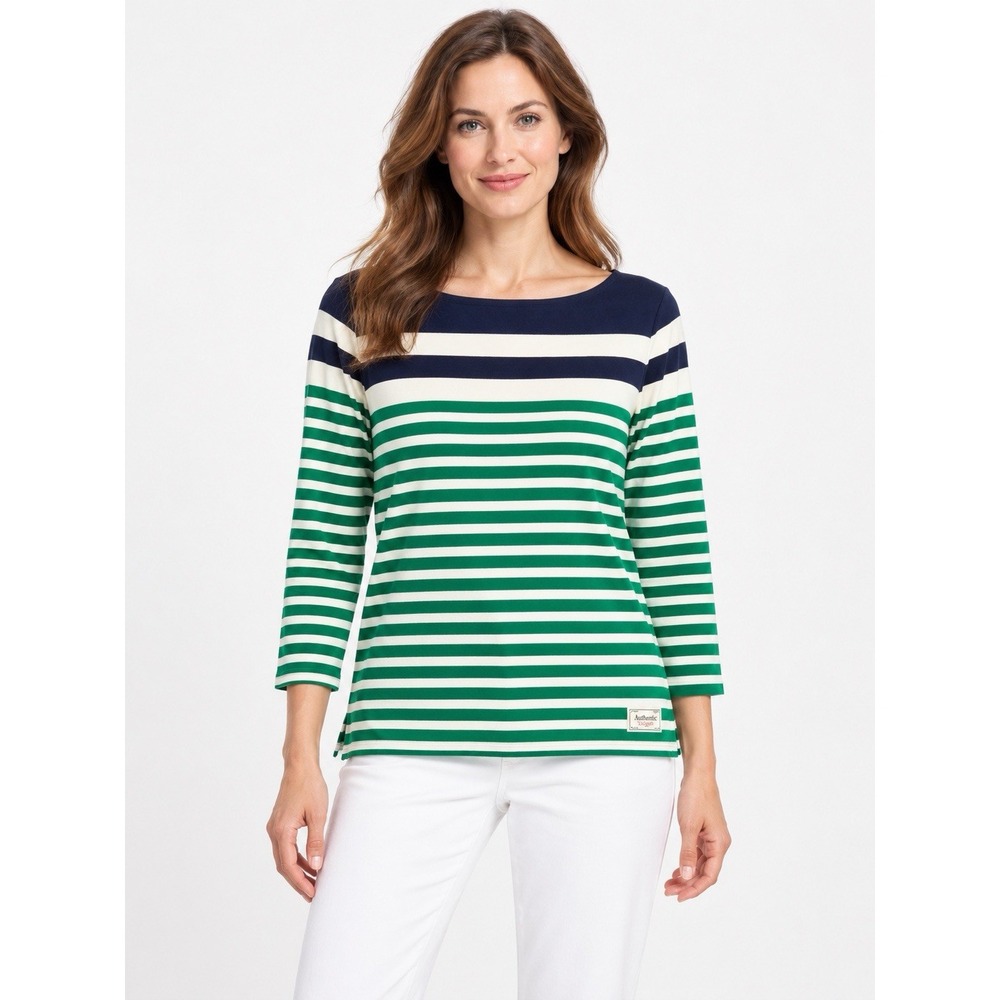 Talbots Sweater Womens M Cotton Striped Boat Neck Top Green Navy Nautical